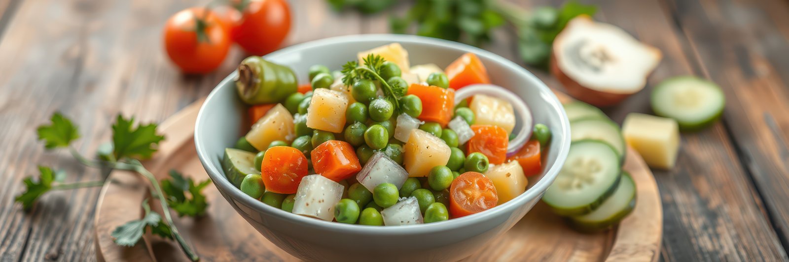 Fresh vegetable salad with colorful ingredients served in a bowl on a wooden table with rustic décor